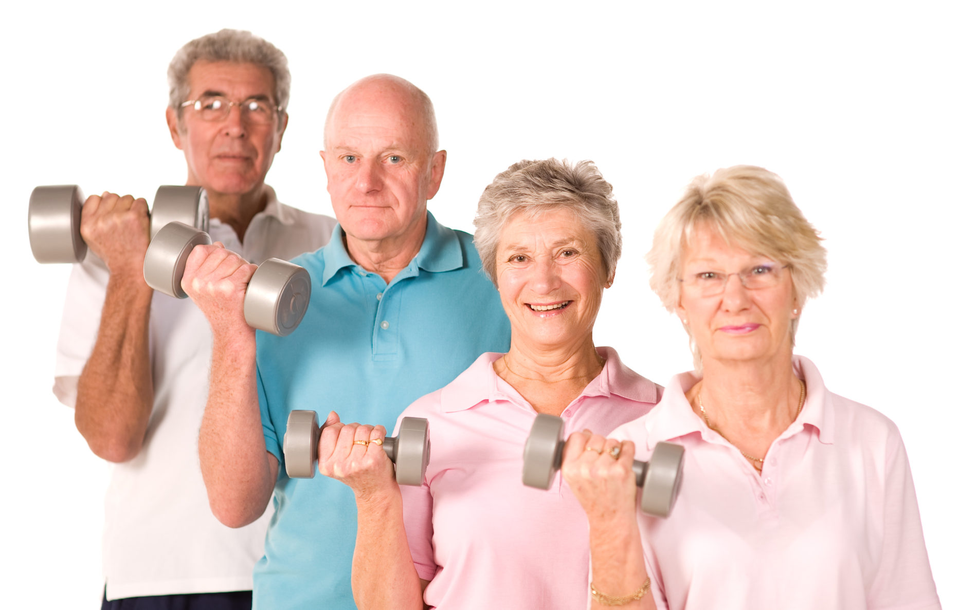 Residents lifting dumbbells senior wellness program.